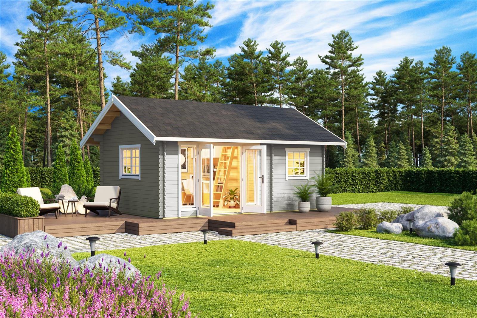 Lasita Maja Caroline 2.1 Gartenhaus Blockhaus 40 mm mit 3-Raum und Schlafboden, 575 x 390, Lichtgrau Lasita Maja Caroline 2.1 Gartenhaus Blockhaus 40 mm mit 3-Raum und Schlafboden, 575 x 390, Lichtgrau