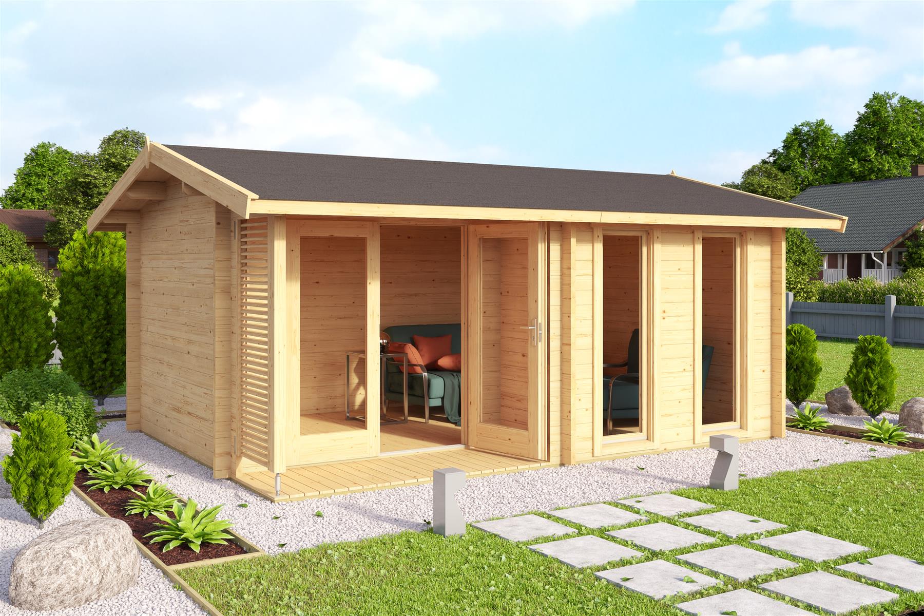 Lasita Maja Hampshire Gartenhaus Blockhaus 44 mm mit überdachte Terrasse, 420 x 300, Naturbelassen