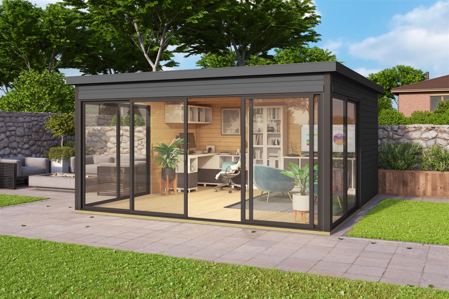 Lasita Maja Domeo 5 Gartenhaus Blockhaus 44 mm, 418 x 418, Carbongrau