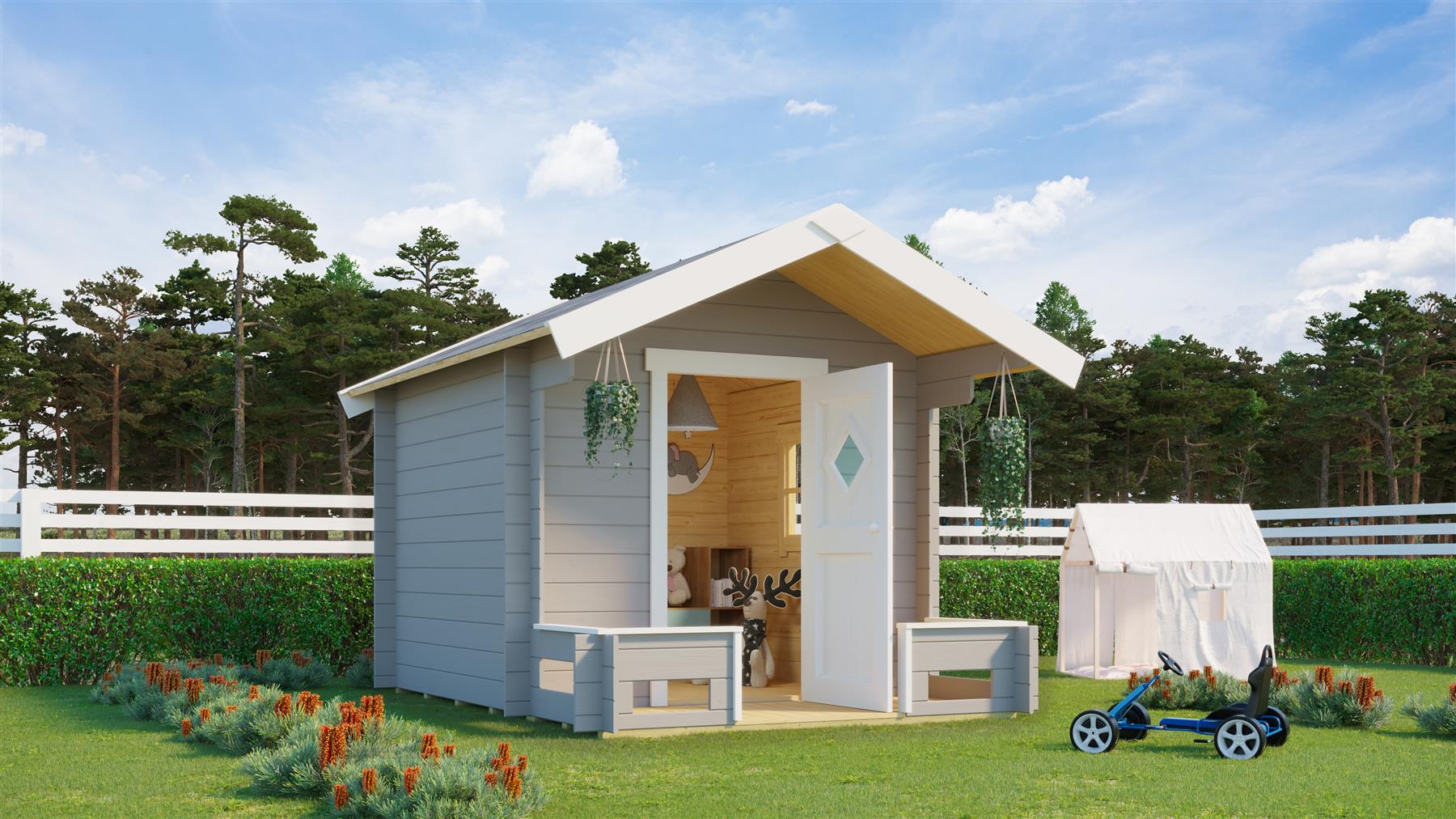 Lasita Maja Pinocchio Kinderspielhaus 19mm, Fundamentmass 180 x 180, Lichtgrau Lasita Maja Pinocchio Kinderspielhaus 19mm, Fundamentmass 180 x 180, Lichtgrau