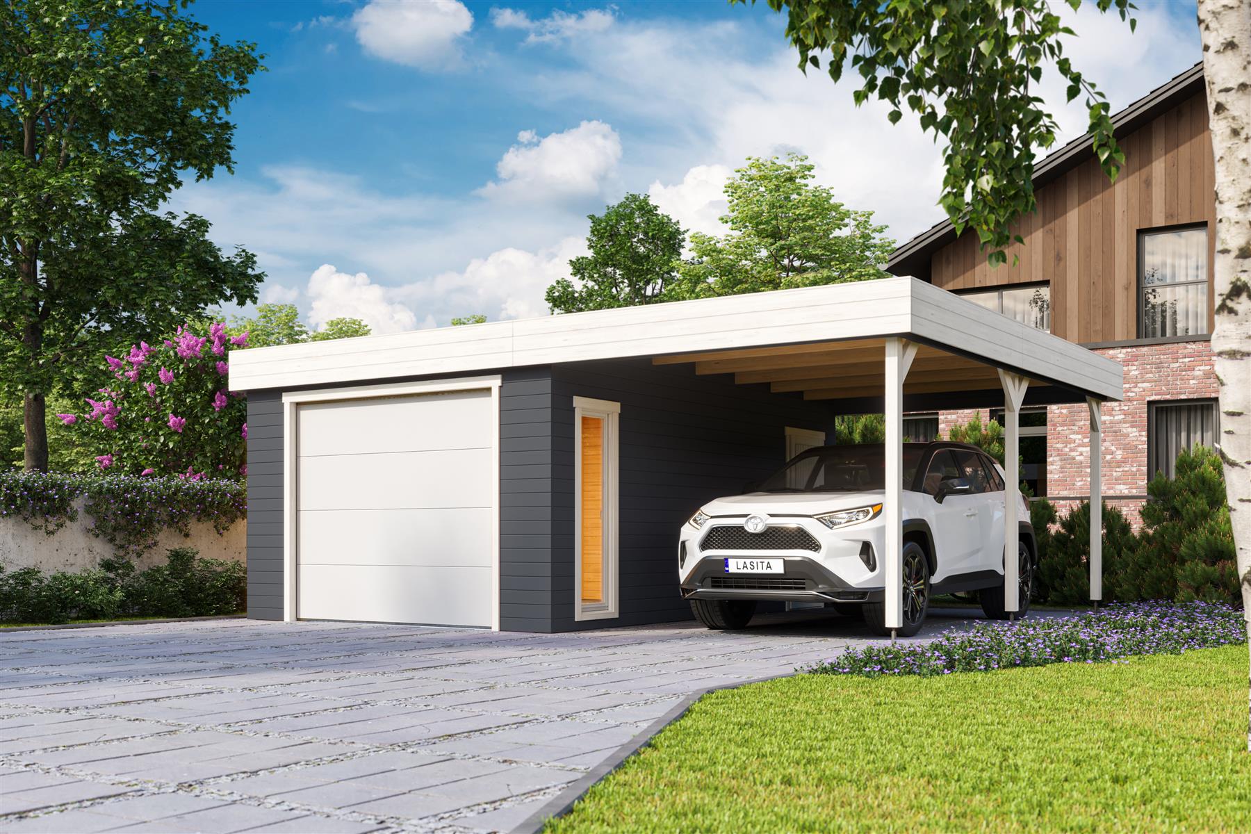 Lasita Maja Bahamas Set mit Sektionaltor Garage 44mm mit Dachanbau, 660 x 540, Carbongrau Lasita Maja Bahamas Set mit Sektionaltor Garage 44mm mit Dachanbau, 660 x 540, Carbongrau