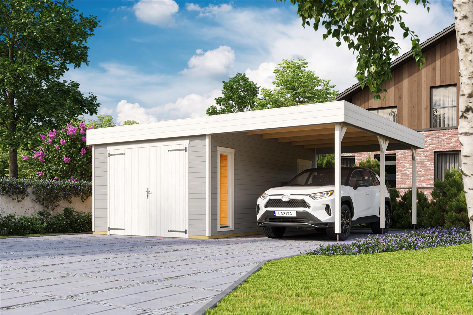 Lasita Maja Bahamas Set mit Holztor Garage 44mm mit Dachanbau, 660 x 540, Lichtgrau Lasita Maja Bahamas Set mit Holztor Garage 44mm mit Dachanbau, 660 x 540, Lichtgrau