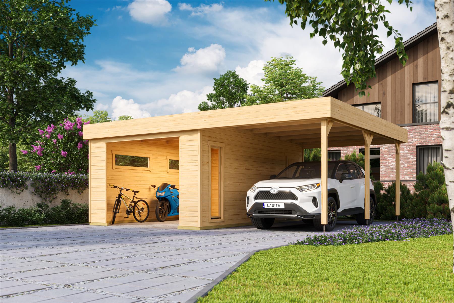 Lasita Maja Bahamas Garage 44mm mit Dachanbau, 660 x 540, Naturbelassen Lasita Maja Bahamas Garage 44mm mit Dachanbau, 660 x 540, Naturbelassen