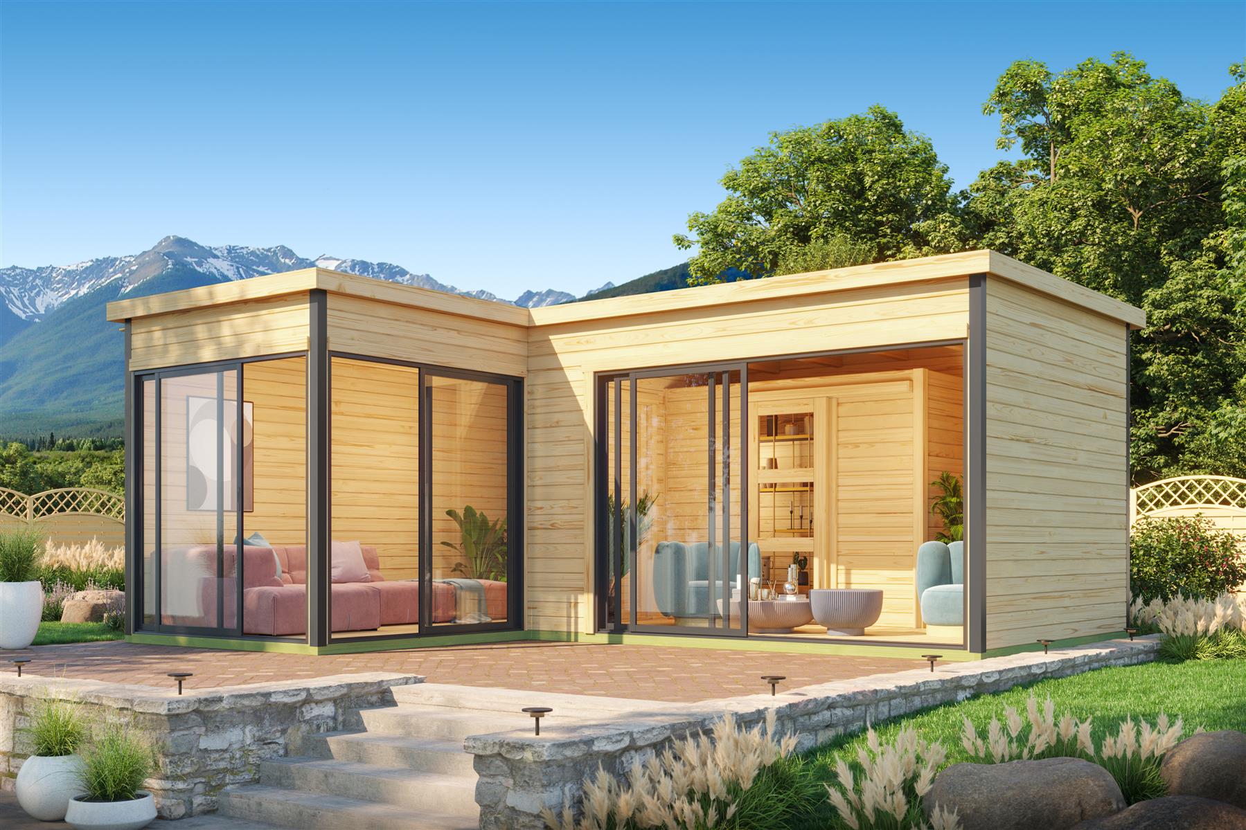 Lasita Maja Domeo 11 Set Gartenhaus Blockhaus 44 mm, L-Förmig, Fundamentmass 595x500, Naturbelassen Lasita Maja Domeo 11 Set Gartenhaus Blockhaus 44 mm, L-Förmig, Fundamentmass 595x500, Naturbelassen