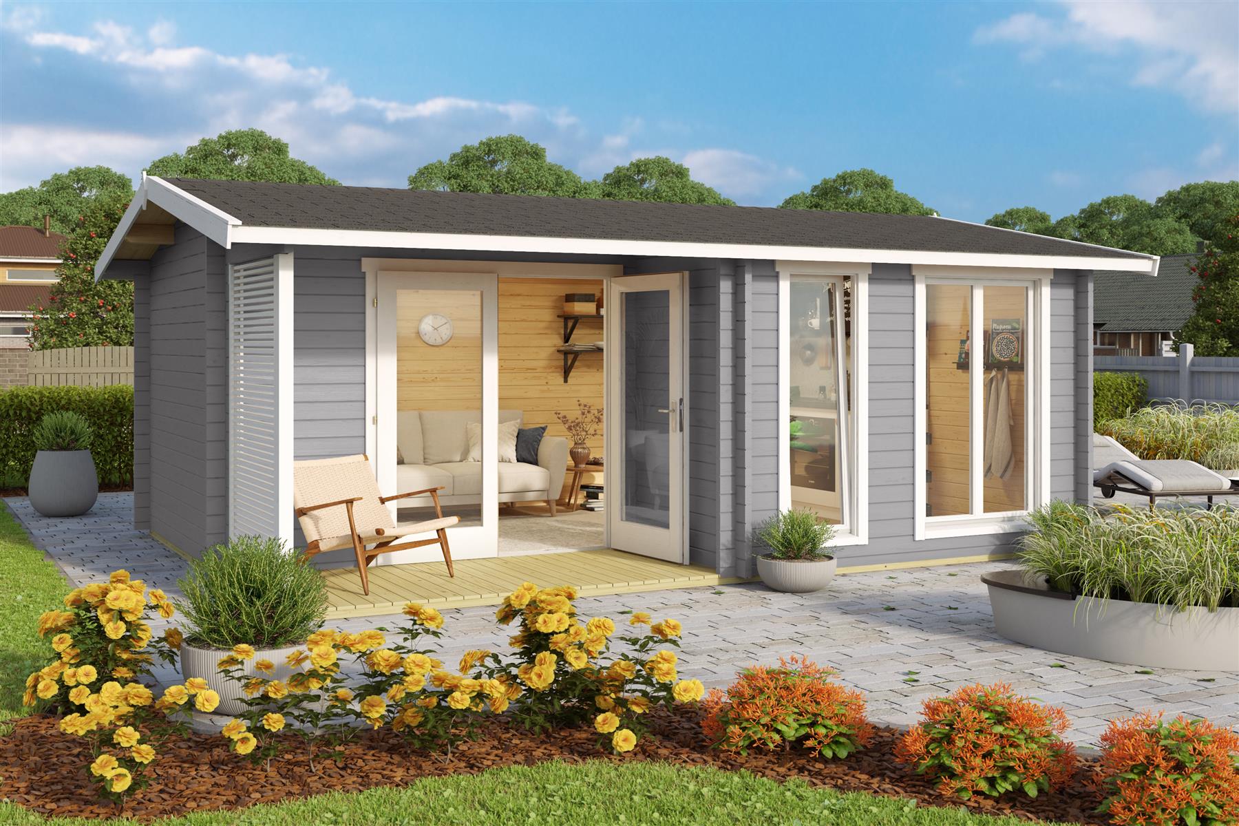 Lasita Maja Brighton 44 Gartenhaus Blockhaus 44 mm mit Terrasse, 520 x 370, Lichtgrau Lasita Maja Brighton 44 Gartenhaus Blockhaus 44 mm mit Terrasse, 520 x 370, Lichtgrau